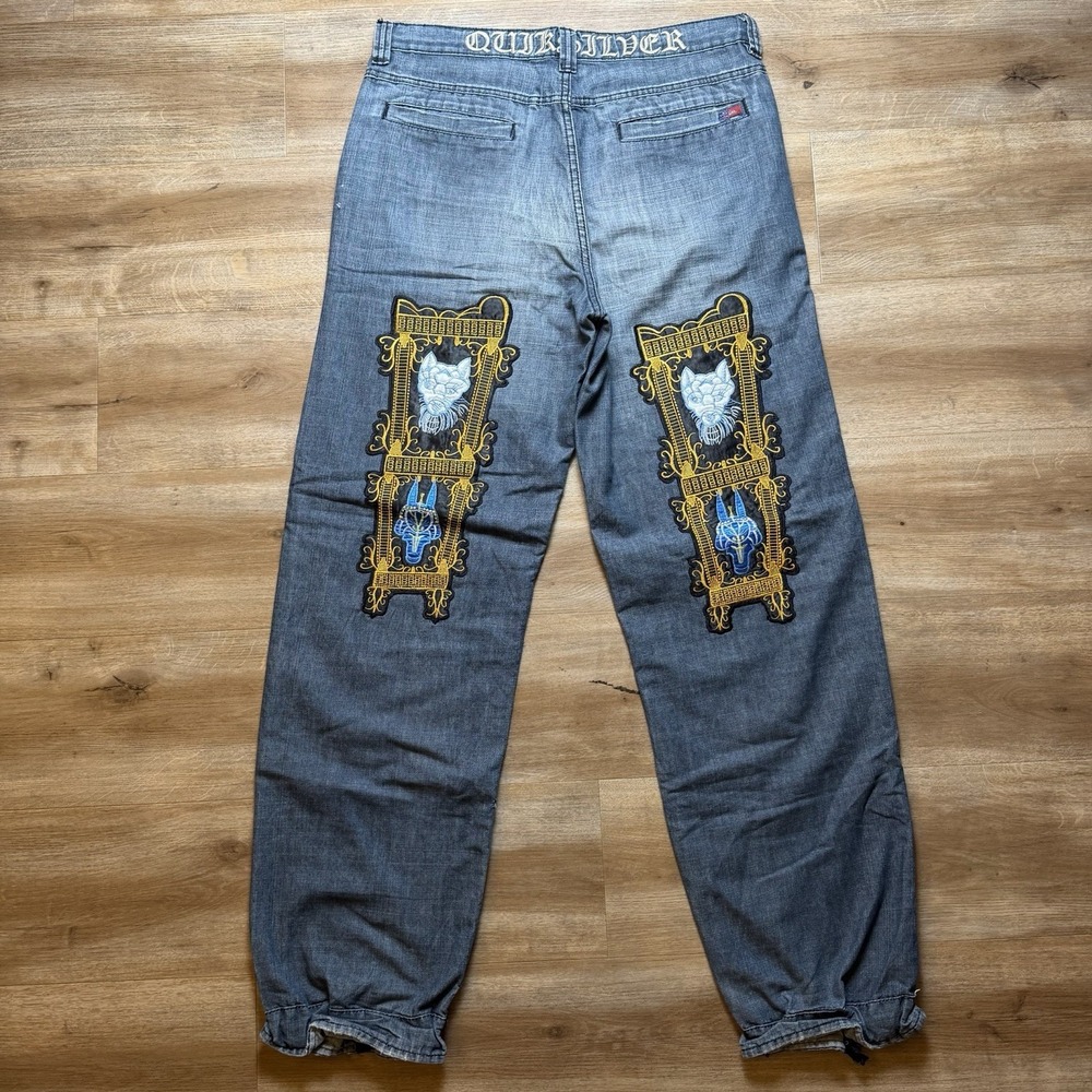 Vintage Quiksilver Jeans Men 34x34 Blue Straight Leg Embroidery Patch Pocket Y2K